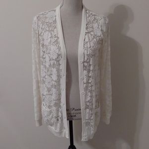 Cream Lacy Long Button Down Cardigan with Pockets